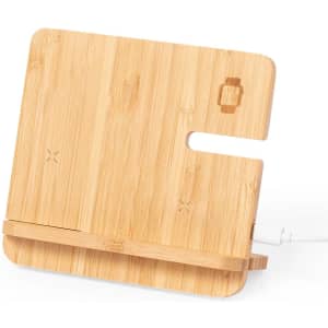 A wireless charger made of bamboo, featuring a simple, natural wood finish and a sleek design.