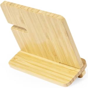 A wooden wireless charger with a minimalist design, featuring a sleek bamboo finish and a stand for devices.