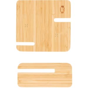 A bamboo wireless charger with a sleek design featuring cut-out sections. It has a logo on the surface.