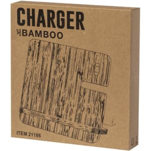 A brown packaging box featuring a bamboo wireless charger design, with a simple illustration and a logo.