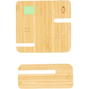 A bamboo wireless charger with a smooth, natural finish and cut-out sections for easy access. It has a logo.