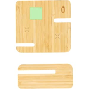 A bamboo wireless charger featuring a minimalist design with cutouts, one in a square shape and another rectangular.