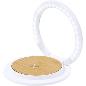 A multifunction lamp with a circular light feature and a wooden base in white and natural wood tones.