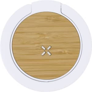A circular wireless charger with a bamboo surface and a white base. It features a simple design with a logo.