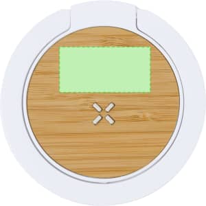 A round, multifunction lamp with a bamboo top and white base, featuring a logo on the surface.
