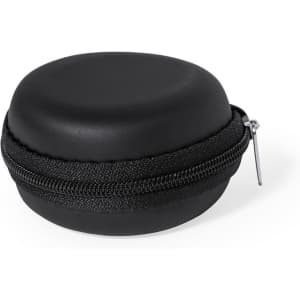 A round black zippered case for a microphone, featuring a smooth finish. It has a simple design with a secure closure.