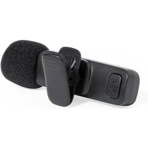 A black Spart Microphone with a clip and foam cover, featuring a power button and a compact design.