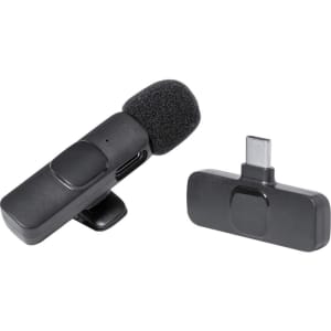 A black clip-on microphone with a fuzzy windscreen and a USB-C connector. It includes a branding logo.