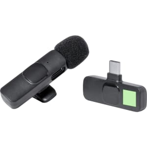 A black microphone with a foam windscreen and a USB-C receiver, featuring a small clip for attachment.