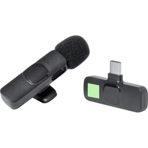 A black Spart Microphone with a fuzzy windscreen and a separate USB-C receiver. The product includes a branding logo.
