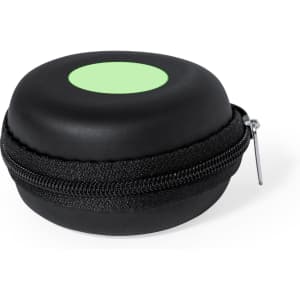 A round, black zippered case with a green circular design on top, suitable for storing small tech accessories.