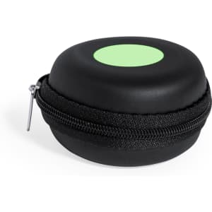A round, black zippered case with a green circular accent on top, designed for the Spart Microphone.