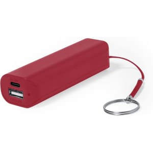 A red power bank with a keychain attachment and a USB port, featuring a sleek, rectangular design.