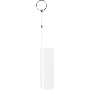 A white power bank with a keyring attachment. It has a sleek, rectangular design.