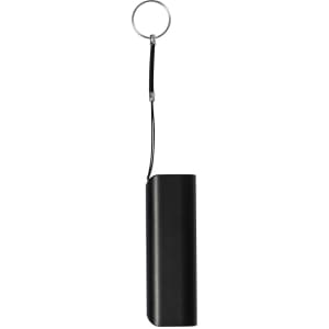 A black power bank with a keyring attachment, featuring a sleek and compact design.