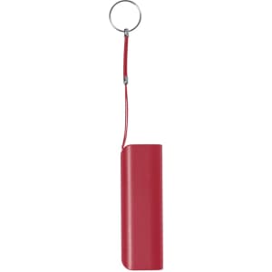 A red power bank with a keyring attachment, featuring a sleek design and a logo on its surface.
