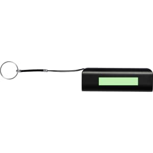 A black power bank with a green stripe and a keychain attachment. It features a logo on the surface.