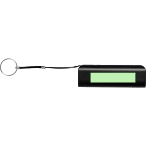 A black power bank with a green accent and a keychain attachment. It features a logo on the surface.