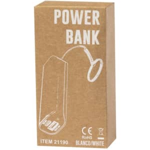 A power bank in white packaging with a brown box, featuring a simple illustration and a logo.