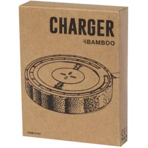 A bamboo wireless charger in a brown cardboard box, featuring an illustration of the charger on the packaging.
