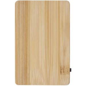 A bamboo power bank with a sleek, minimalist design and rounded edges. It features a small branding logo.