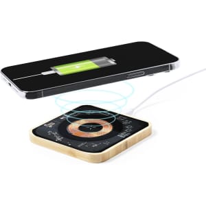 A wireless charger with a wooden base and a sleek, modern design, showing a phone charging and battery icon.