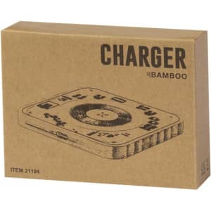 A brown cardboard box containing a wireless charger with a design featuring multiple ports and a circular feature.