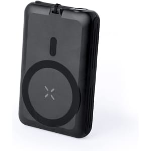 A black power bank featuring a circular design and a logo, designed for charging devices.