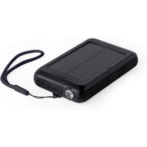A black power bank with a solar panel and a built-in flashlight, featuring a strap for easy carrying.