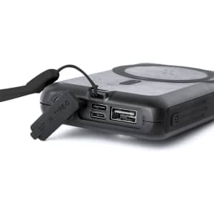 A black power bank with multiple ports, including USB and Type-C connections. It features a logo on the side.