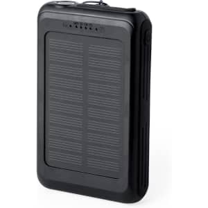A black power bank with a solar panel design, featuring a logo and multiple charging indicator lights.