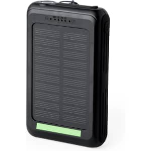 A black power bank with solar panels, featuring a textured surface and a logo on the side.