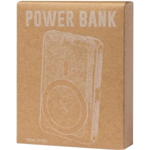 A power bank packaged in a simple brown box with a logo, featuring a smooth surface design and round charging area.