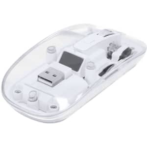 A white computer mouse with a USB connector, enclosed in a transparent case.