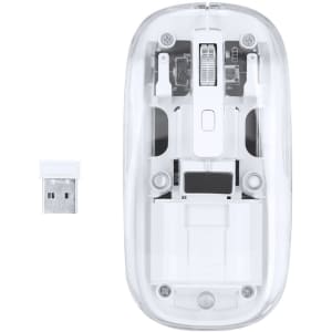 A white and transparent wireless mouse with a USB receiver beside it. The mouse features a simple design and a scroll wheel.