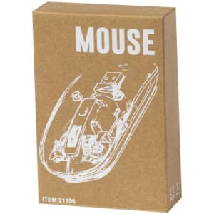 A brown cardboard box featuring a white sketch of a computer mouse with a USB connector. The box has a logo.