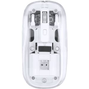 A clear, transparent computer mouse featuring a USB connector and multiple buttons. It has a logo on the surface.