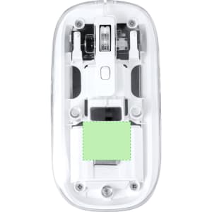 A white mouse with a transparent casing, featuring buttons and a scroll wheel, displaying an empty battery compartment.