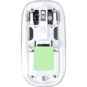 A wireless mouse in white with a transparent casing, featuring a green section and a logo.