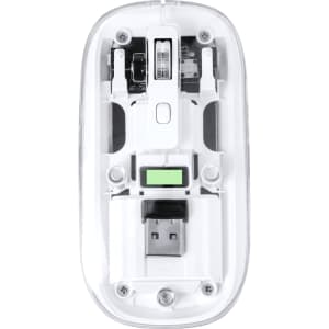 A white transparent computer mouse featuring visible internal components and a USB connector. It has a logo on the surface.