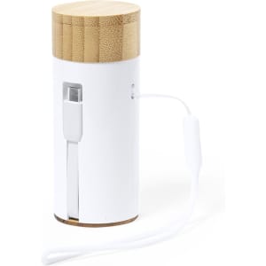 A white power bank with a bamboo top and a built-in charging cable. Features a logo on the side.