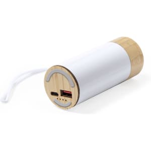 A portable power bank with a white cylindrical body and a bamboo base, featuring USB-C and USB ports.