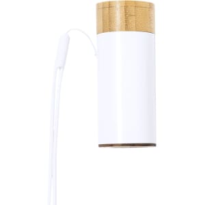 A white power bank with a bamboo cap and a white charging cord attached. Features a logo on the surface.
