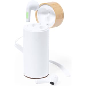 A white power bank with earphones, featuring a wooden cap and one wireless earbud resting beside it.