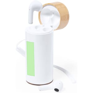 A white power bank with bamboo accents and matching white earbuds is displayed together in the image.
