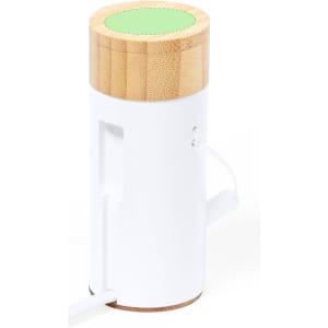 A white and bamboo power bank with a green top, featuring a charging cable and a branding logo.