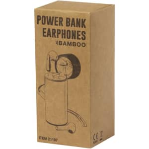 A kraft cardboard box containing bamboo power bank earphones, featuring a logo and an illustration of the product.