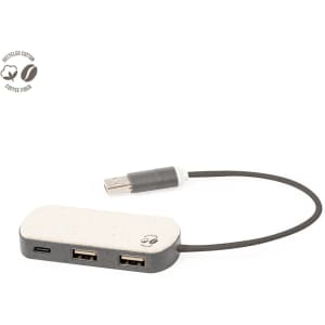 A USB hub with a light grey top and dark grey base, featuring two USB ports and a connector cable.