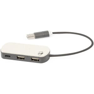 A USB hub featuring a cream and grey design with two standard USB ports and one USB-C connector.