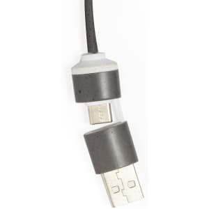 A grey and white USB connector with a cable, featuring a small logo on its body.